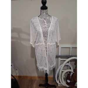 Forever 21 Women Beachy Swim Cover SZ S/M Ivory open knit tie front lace fringe